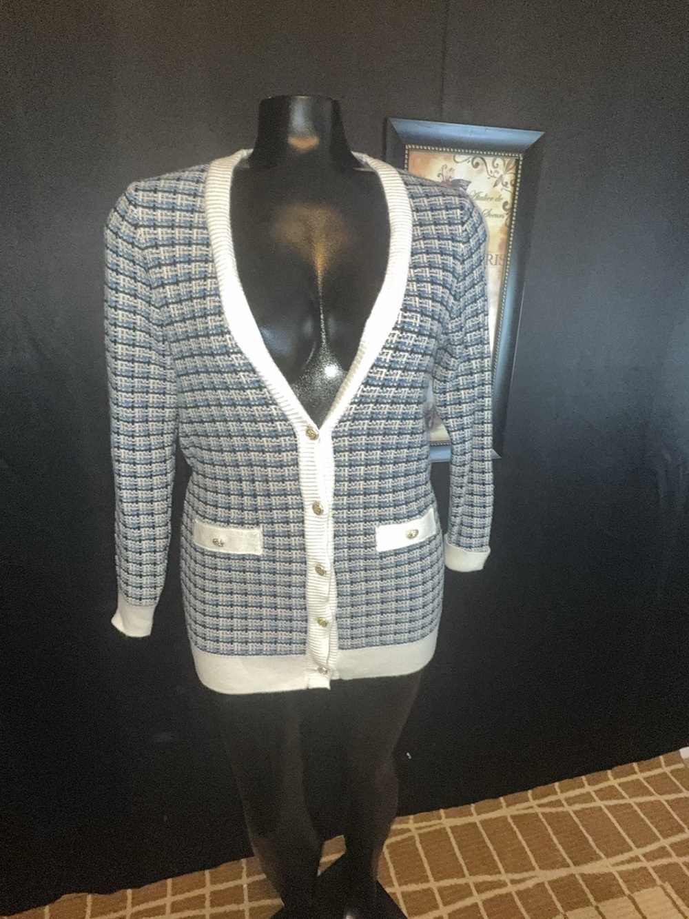 Tahari Blue & White Tweed V-Neck Cardigan